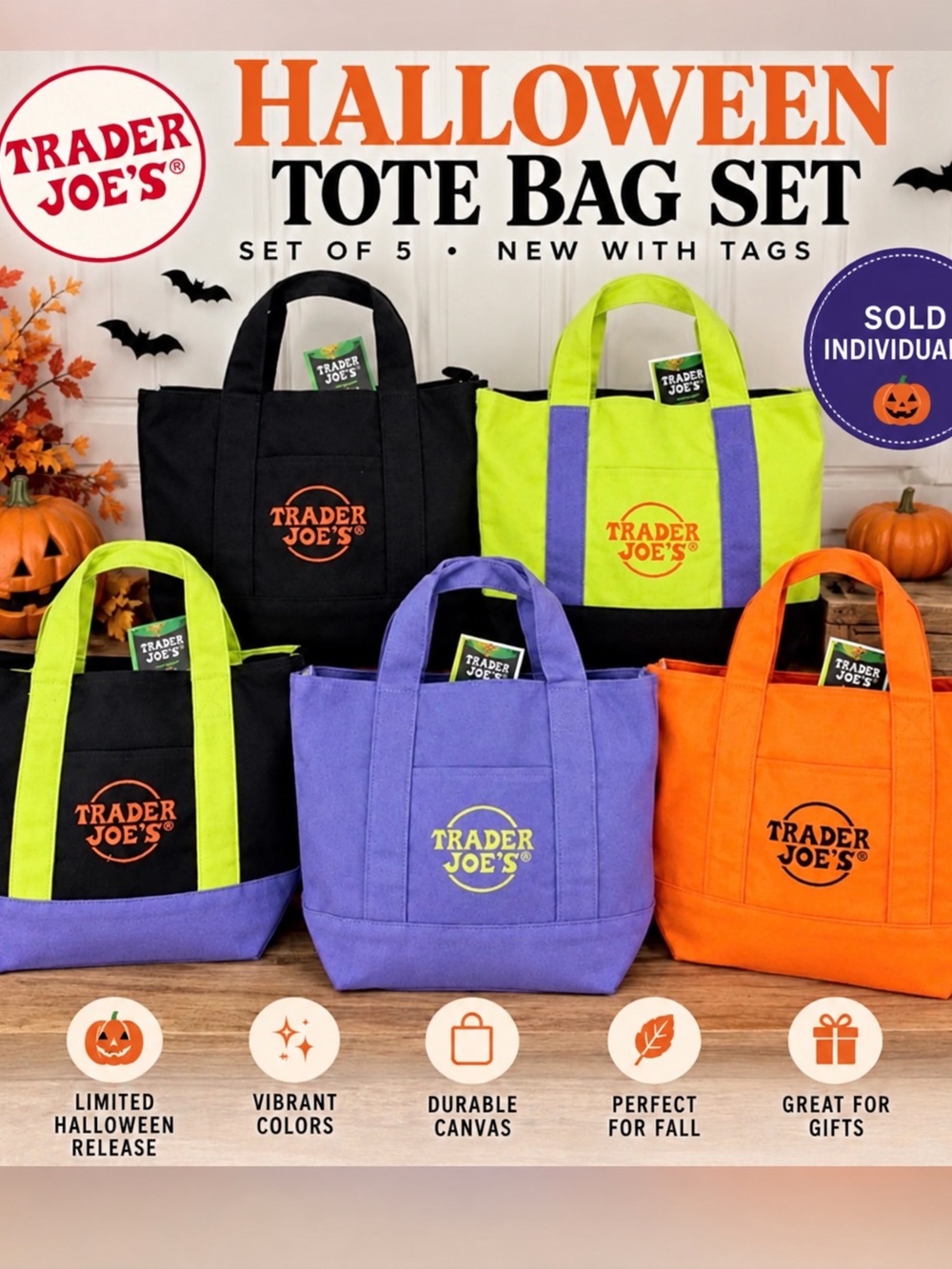 Halloween Mini Tote Bag - Black, Purple, Orange, Lime, Black/Lime - One per orde